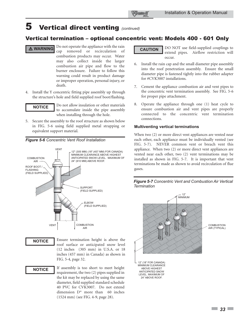 Vertical direct venting, Installation & operation manual | Lochinvar 400 User Manual | Page 33 / 80