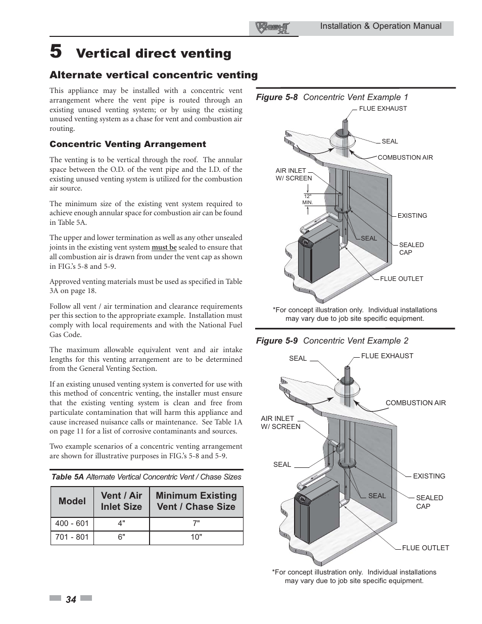 Vertical direct venting, Alternate vertical concentric venting | Lochinvar 400 User Manual | Page 34 / 80