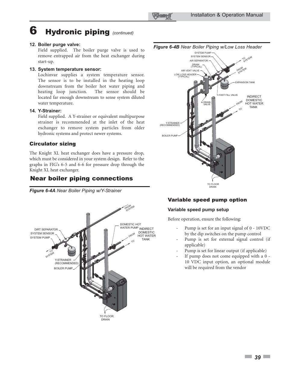 Hydronic piping, Near boiler piping connections, Installation & operation manual | Circulator sizing, Variable speed pump option, Figure 6-4a near boiler piping w/y-strainer | Lochinvar 400 User Manual | Page 39 / 80
