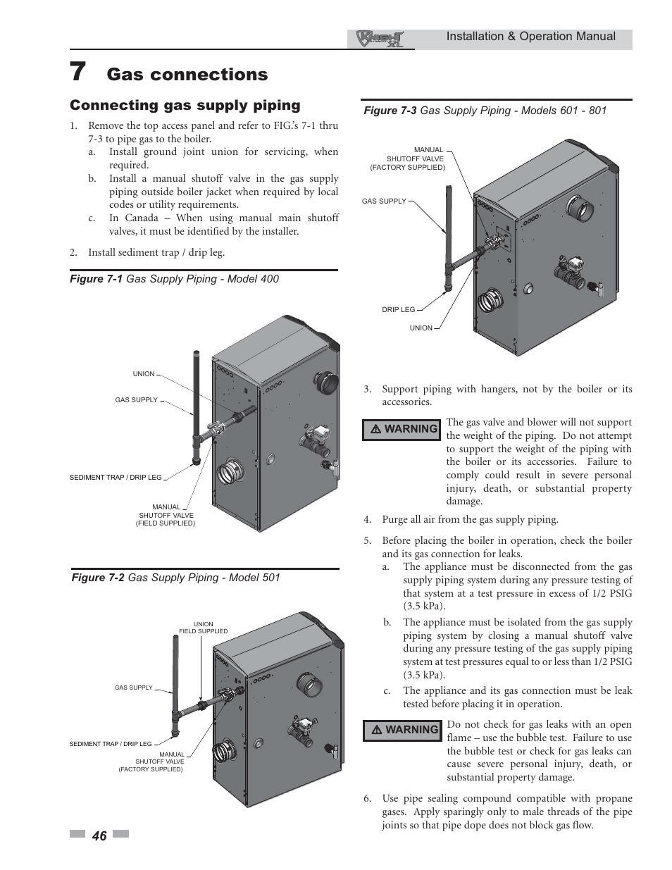 Gas connections, Connecting gas supply piping | Lochinvar 400 User Manual | Page 46 / 80