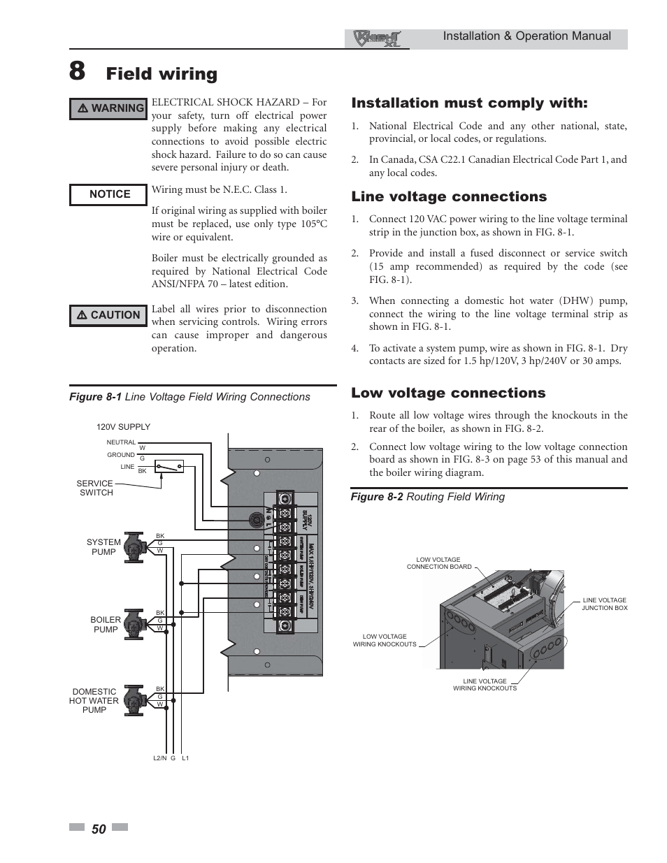 Field wiring, Installation must comply with, Line voltage connections | Low voltage connections, Installation & operation manual | Lochinvar 400 User Manual | Page 50 / 80