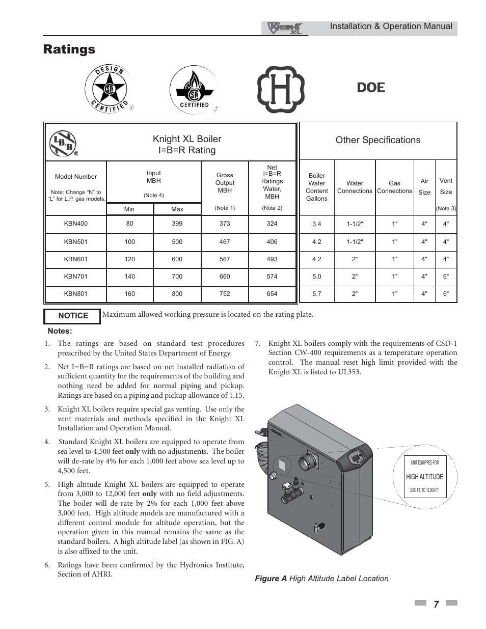 Ratings, Knight xl boiler i=b=r rating, Other specifications | Installation & operation manual | Lochinvar 400 User Manual | Page 7 / 80