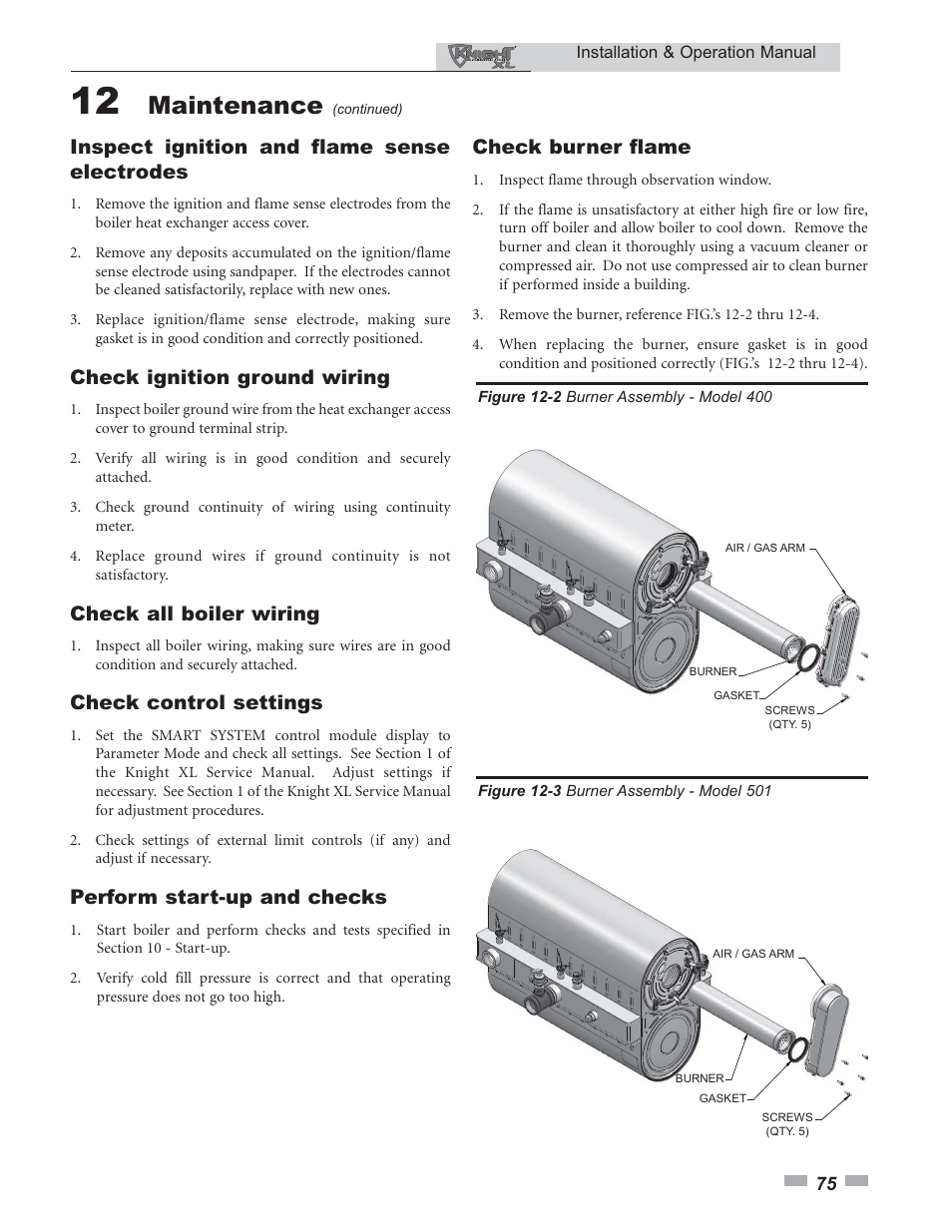 Maintenance, Inspect ignition and flame sense electrodes, Check ignition ground wiring | Check all boiler wiring, Check control settings, Perform start-up and checks, Check burner flame | Lochinvar 400 User Manual | Page 75 / 80