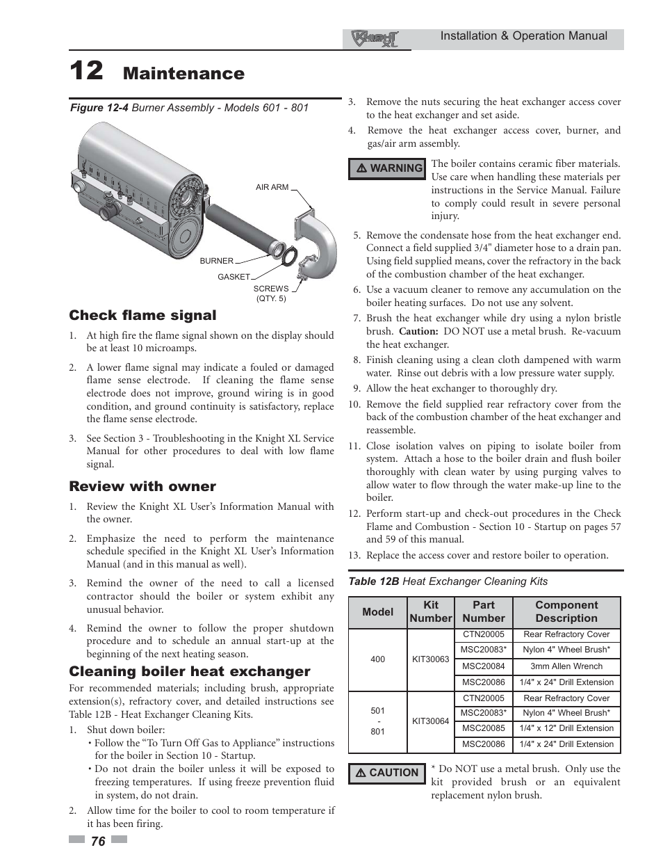 Maintenance, Check flame signal, Review with owner | Cleaning boiler heat exchanger | Lochinvar 400 User Manual | Page 76 / 80