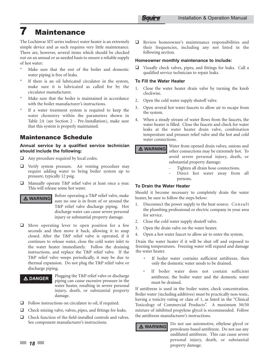 Maintenance, Maintenance schedule | Lochinvar SQUIRE SIT030 User Manual | Page 18 / 24