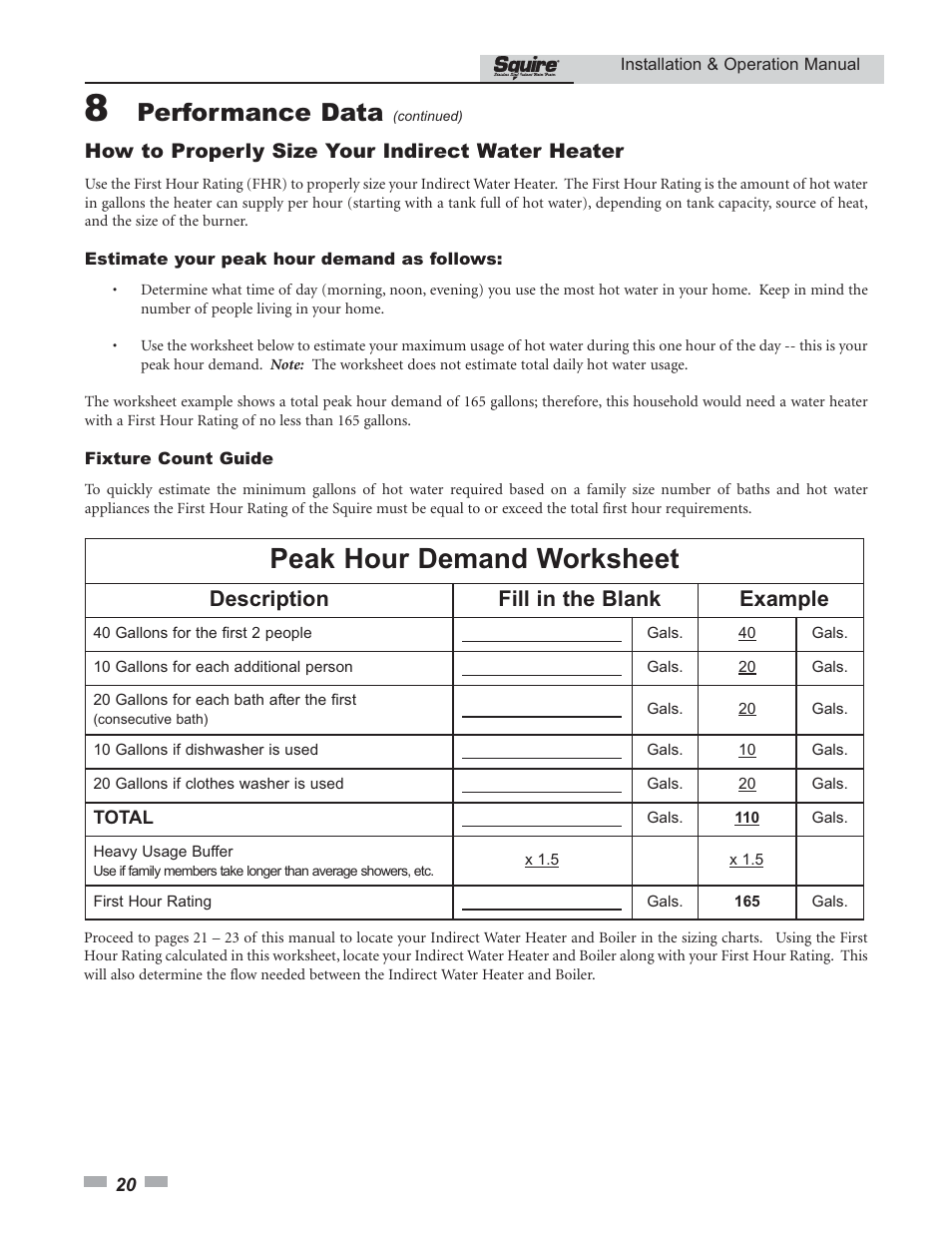 Peak hour demand worksheet, Performance data, Description fill in the blank example | Lochinvar SQUIRE SIT030 User Manual | Page 20 / 24