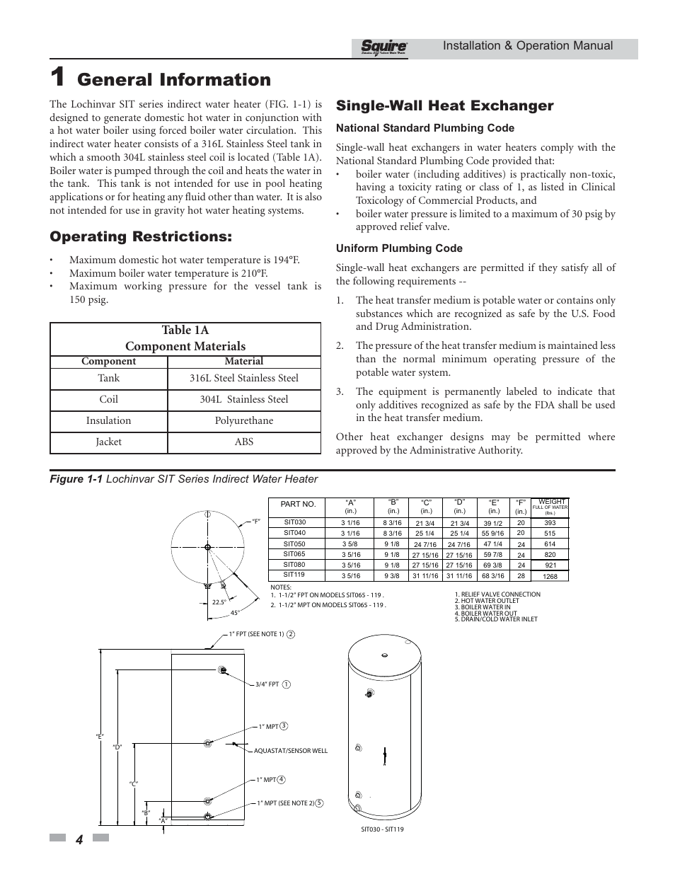 General information, Single-wall heat exchanger, Operating restrictions | Table 1a component materials, Installation & operation manual | Lochinvar SQUIRE SIT030 User Manual | Page 4 / 24