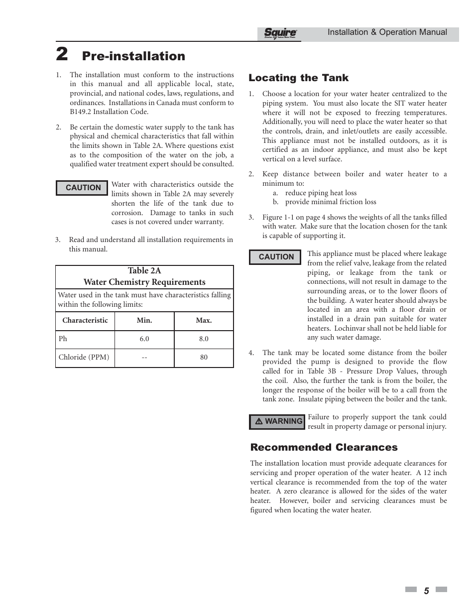 Pre-installation, Locating the tank, Recommended clearances | Lochinvar SQUIRE SIT030 User Manual | Page 5 / 24
