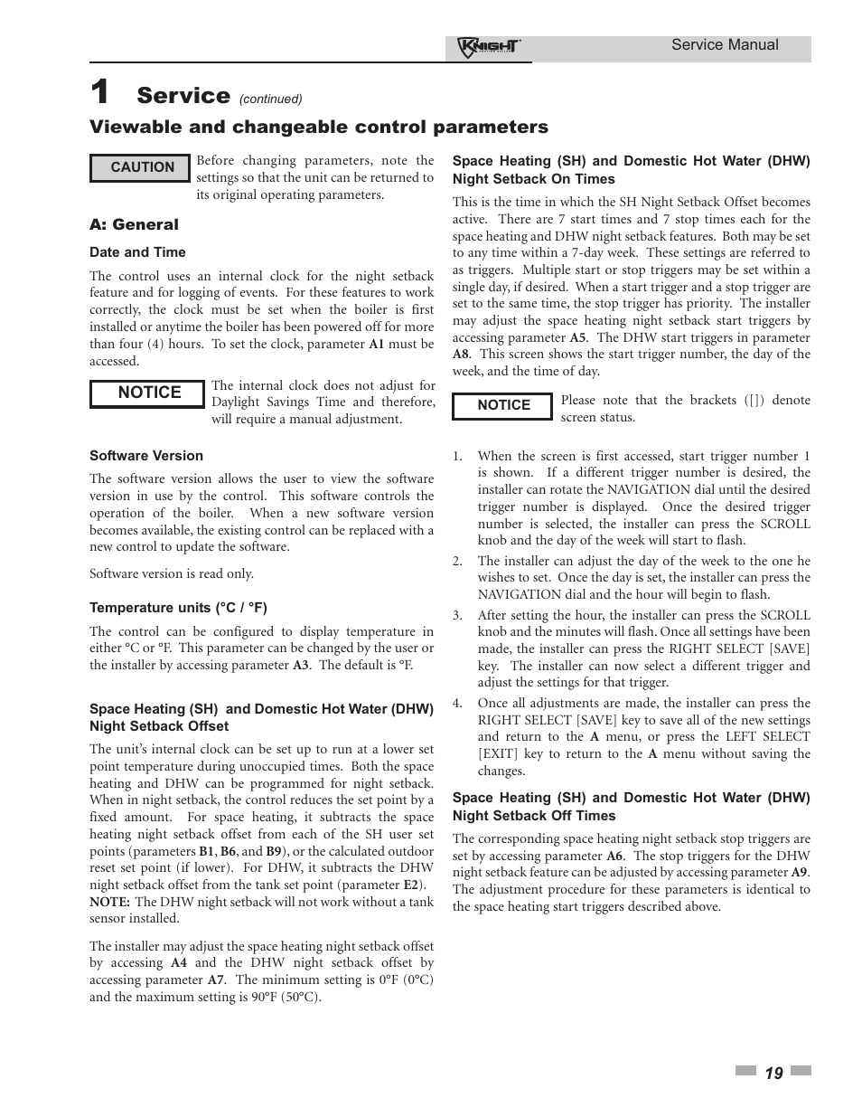 Service, Viewable and changeable control parameters | Lochinvar KNIGHT 81-286 User Manual | Page 19 / 48