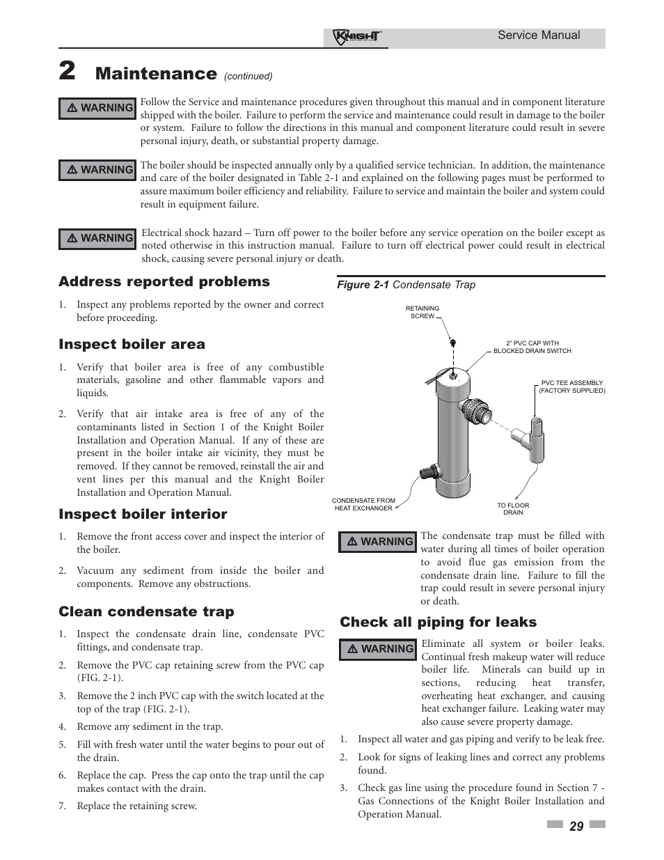 Maintenance, Address reported problems, Inspect boiler area | Inspect boiler interior, Clean condensate trap, Check all piping for leaks | Lochinvar KNIGHT 81-286 User Manual | Page 29 / 48