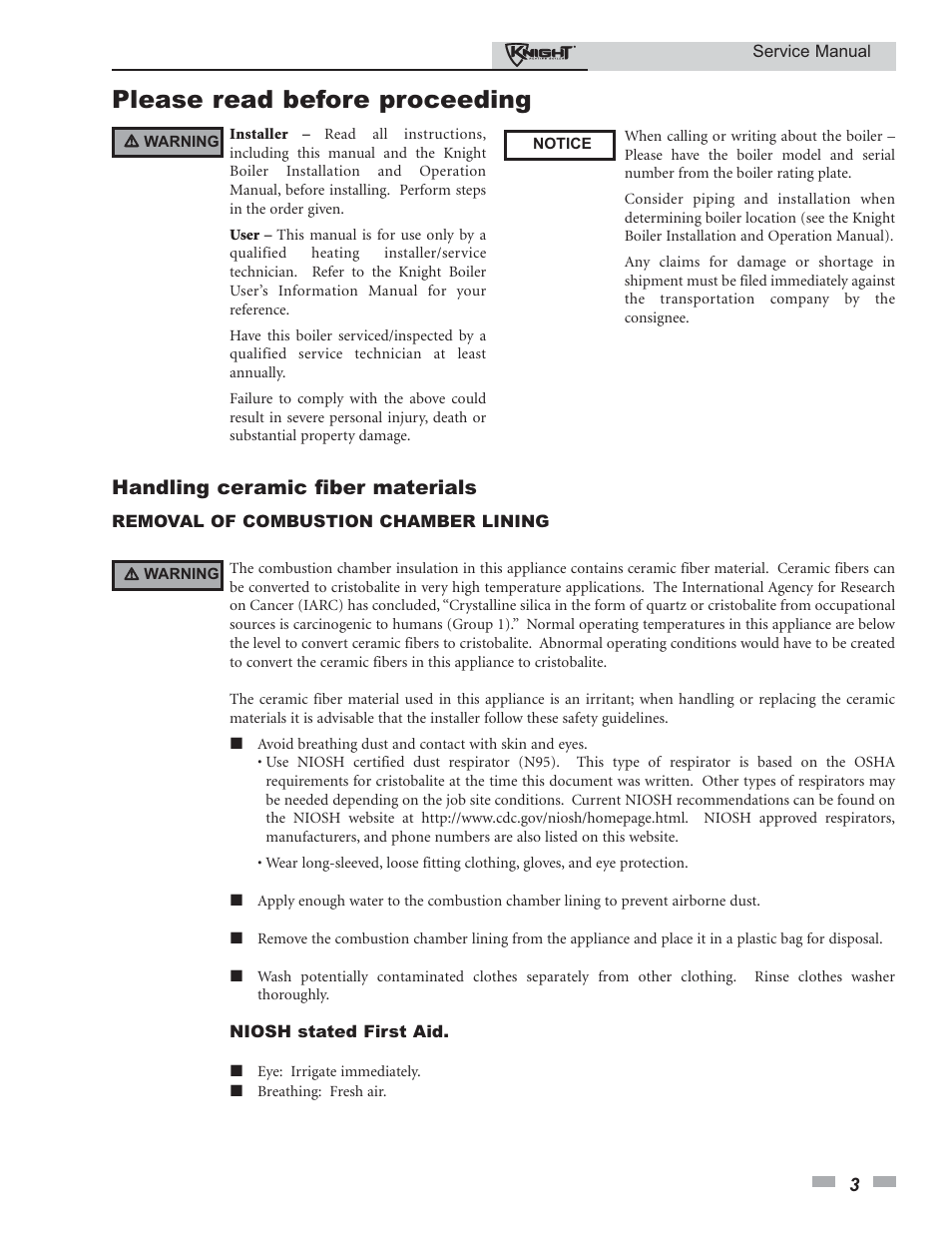 Please read before proceeding, Handling ceramic fiber materials | Lochinvar KNIGHT 81-286 User Manual | Page 3 / 48