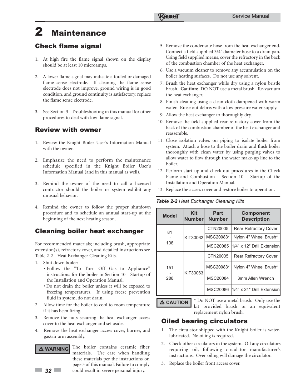 Maintenance, Check flame signal, Review with owner | Cleaning boiler heat exchanger, Oiled bearing circulators | Lochinvar KNIGHT 81-286 User Manual | Page 32 / 48