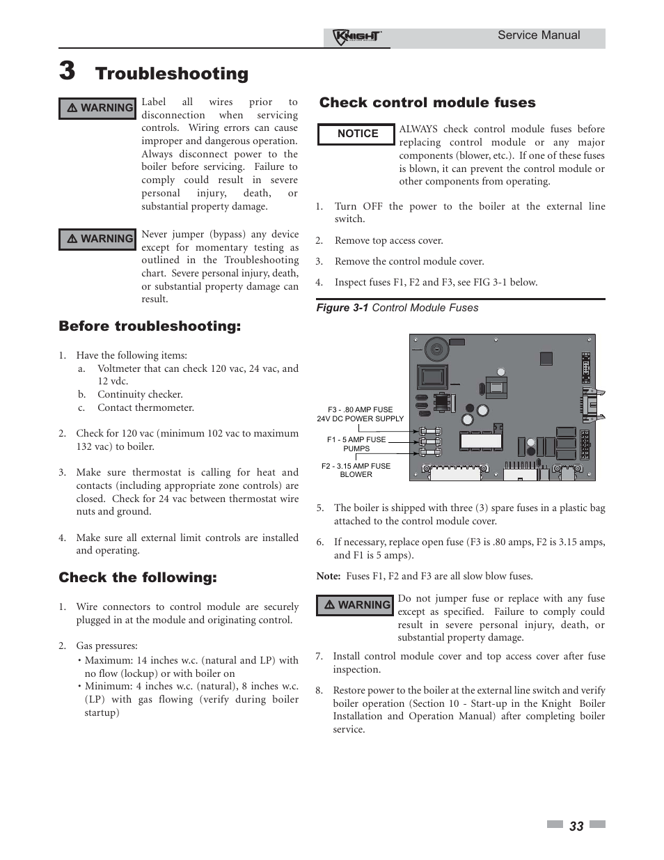 Troubleshooting, Before troubleshooting, Check the following | Check control module fuses | Lochinvar KNIGHT 81-286 User Manual | Page 33 / 48