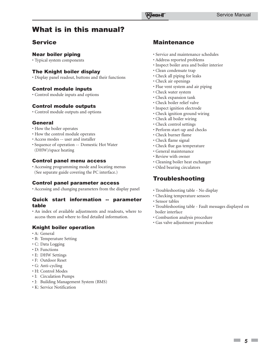 What is in this manual, Service, Maintenance | Troubleshooting | Lochinvar KNIGHT 81-286 User Manual | Page 5 / 48