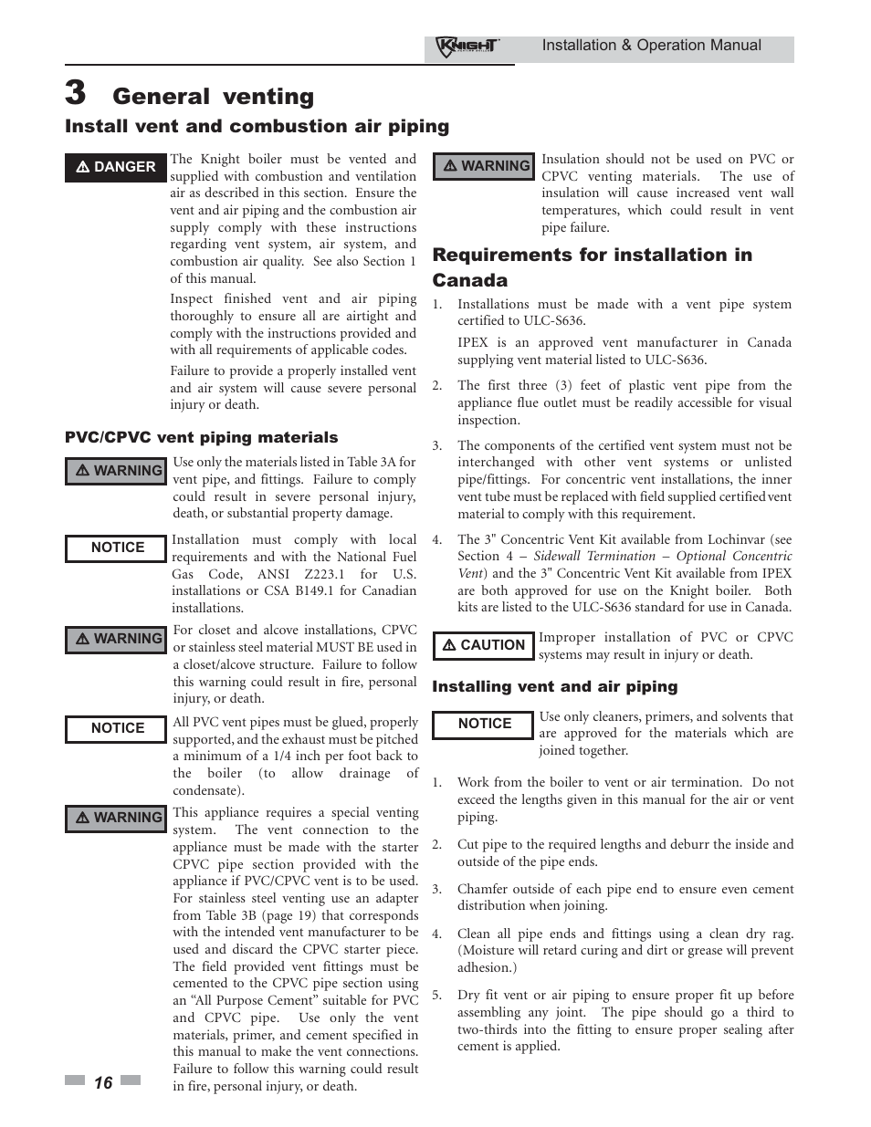 General venting, Install vent and combustion air piping, Requirements for installation in canada | Lochinvar KBII-I-O REV C 81 - 286 User Manual | Page 16 / 80