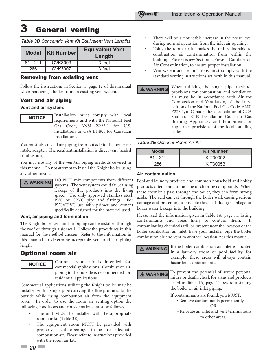 General venting, Optional room air | Lochinvar KBII-I-O REV C 81 - 286 User Manual | Page 20 / 80