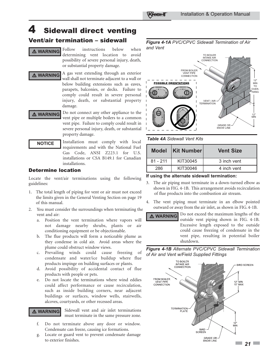 Sidewall direct venting, Vent/air termination – sidewall, Model kit number vent size | Lochinvar KBII-I-O REV C 81 - 286 User Manual | Page 21 / 80