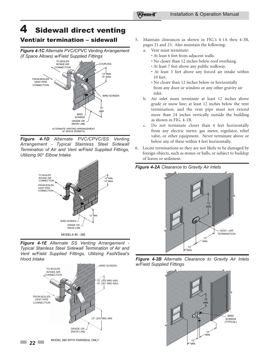 Sidewall direct venting, Vent/air termination – sidewall, Installation & operation manual | Figure 4-2a clearance to gravity air inlets | Lochinvar KBII-I-O REV C 81 - 286 User Manual | Page 22 / 80