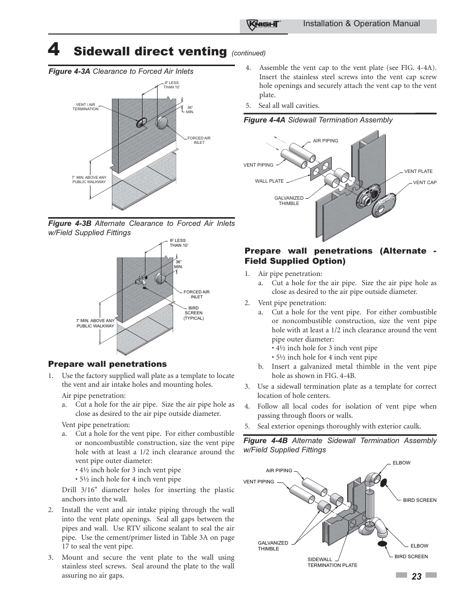 Sidewall direct venting, Installation & operation manual, Prepare wall penetrations | Lochinvar KBII-I-O REV C 81 - 286 User Manual | Page 23 / 80