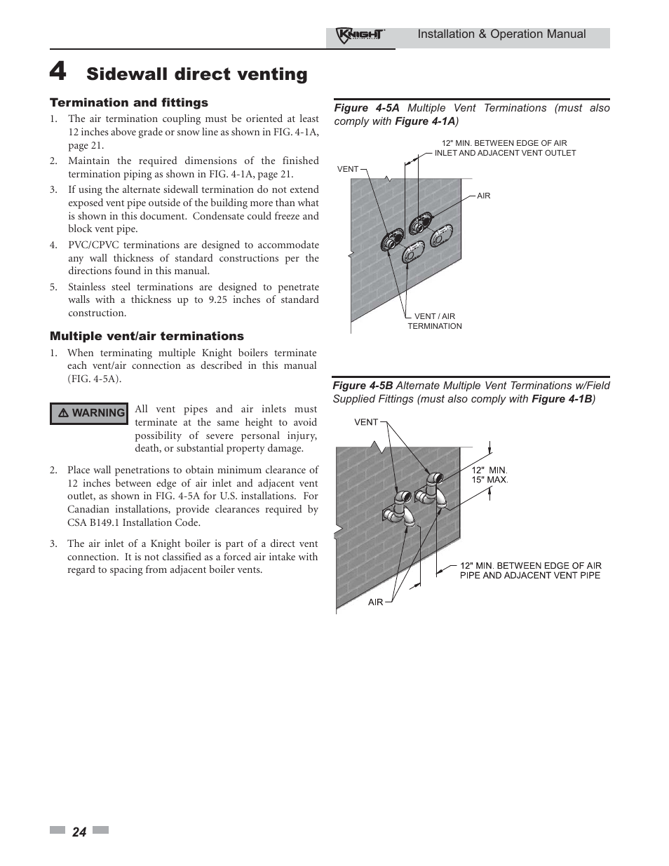 Sidewall direct venting | Lochinvar KBII-I-O REV C 81 - 286 User Manual | Page 24 / 80