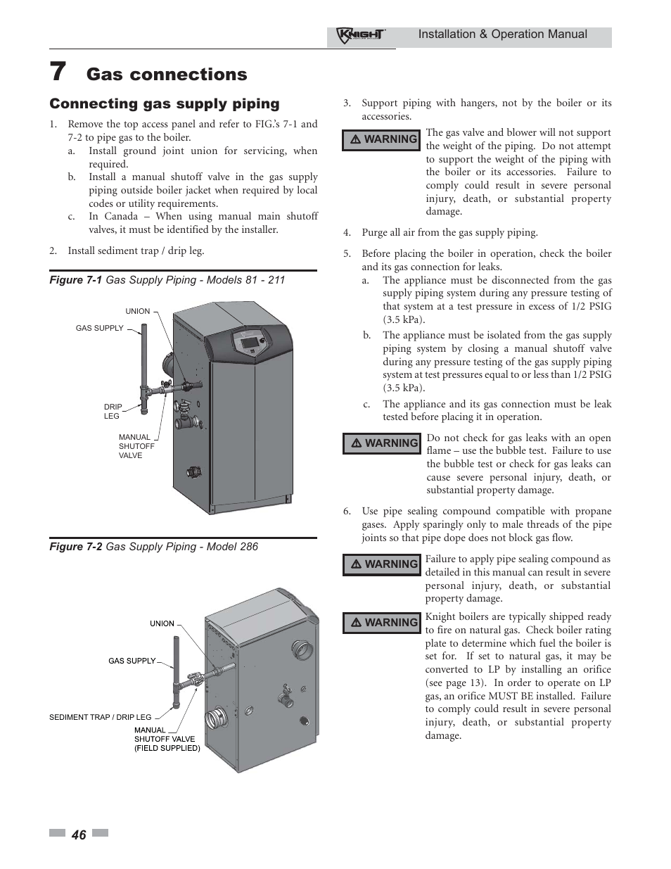 Gas connections, Connecting gas supply piping | Lochinvar KBII-I-O REV C 81 - 286 User Manual | Page 46 / 80