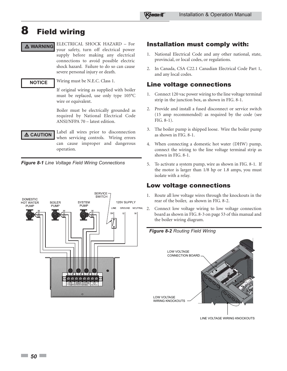 Field wiring, Installation must comply with, Line voltage connections | Low voltage connections | Lochinvar KBII-I-O REV C 81 - 286 User Manual | Page 50 / 80