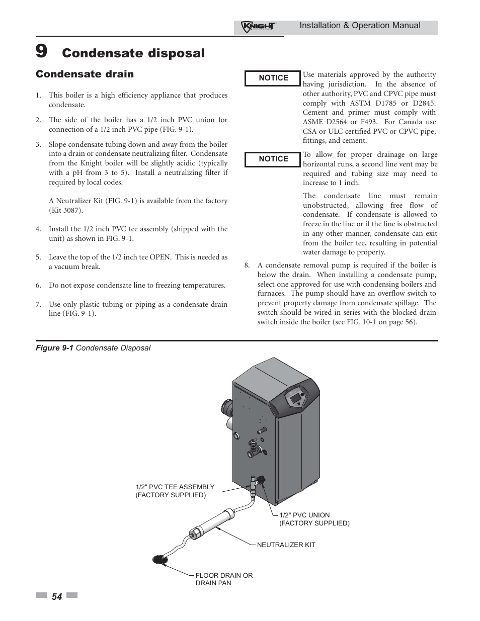 Condensate disposal, Condensate drain | Lochinvar KBII-I-O REV C 81 - 286 User Manual | Page 54 / 80