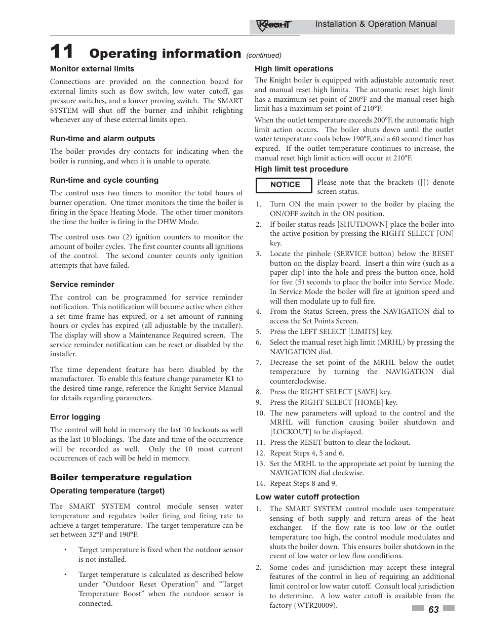 Operating information | Lochinvar KBII-I-O REV C 81 - 286 User Manual | Page 63 / 80