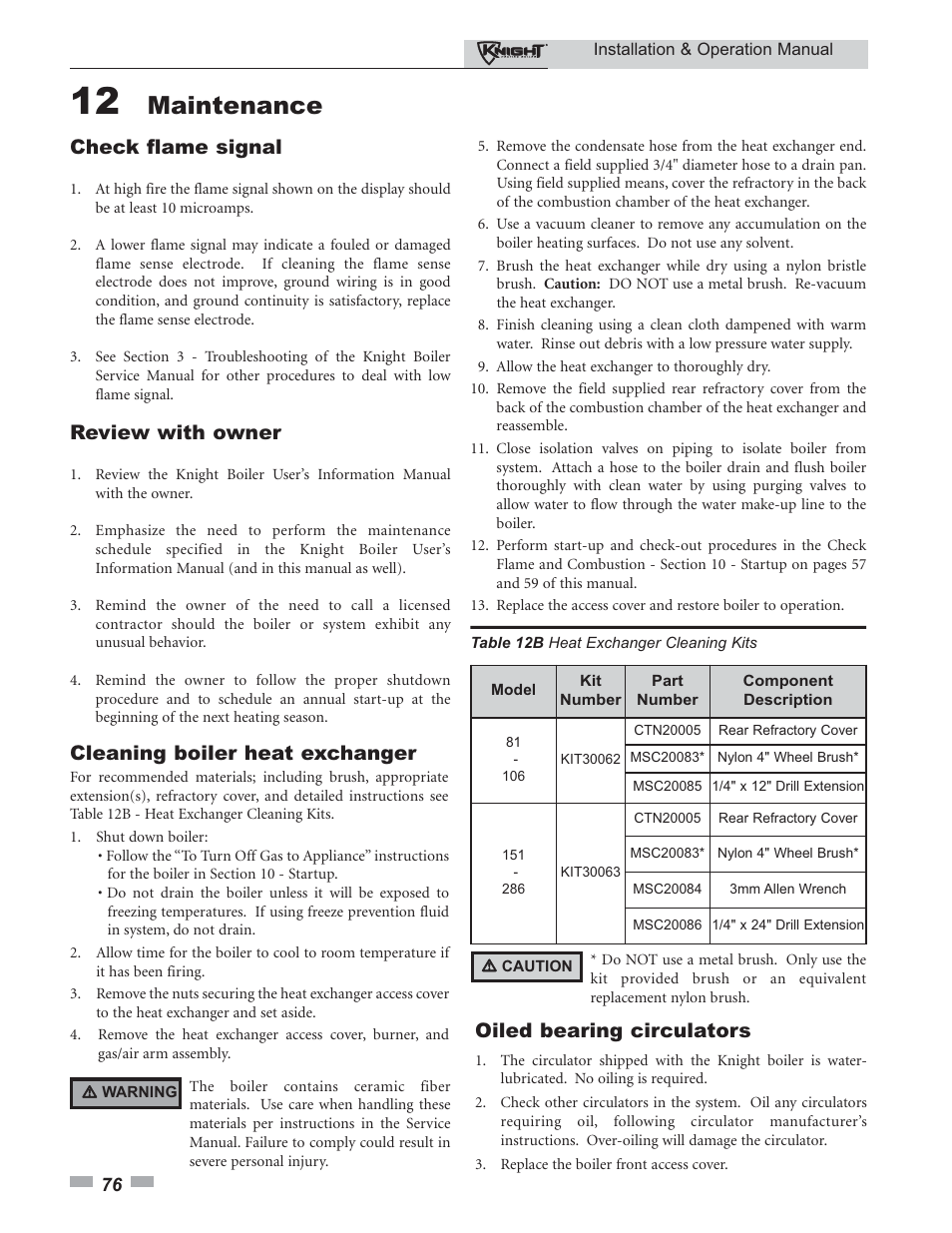 Maintenance, Check flame signal, Review with owner | Oiled bearing circulators, Cleaning boiler heat exchanger | Lochinvar KBII-I-O REV C 81 - 286 User Manual | Page 76 / 80