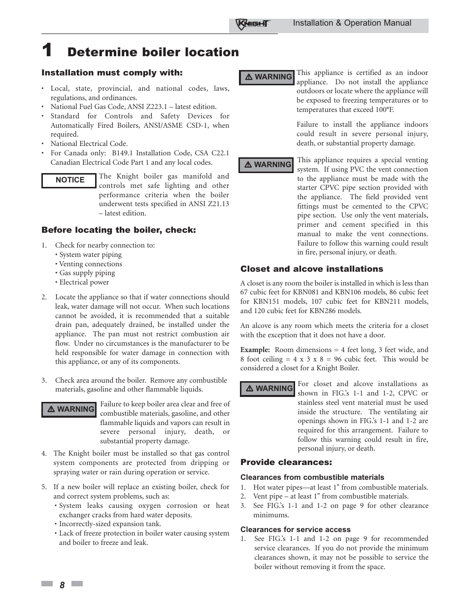 Determine boiler location | Lochinvar KBII-I-O REV C 81 - 286 User Manual | Page 8 / 80