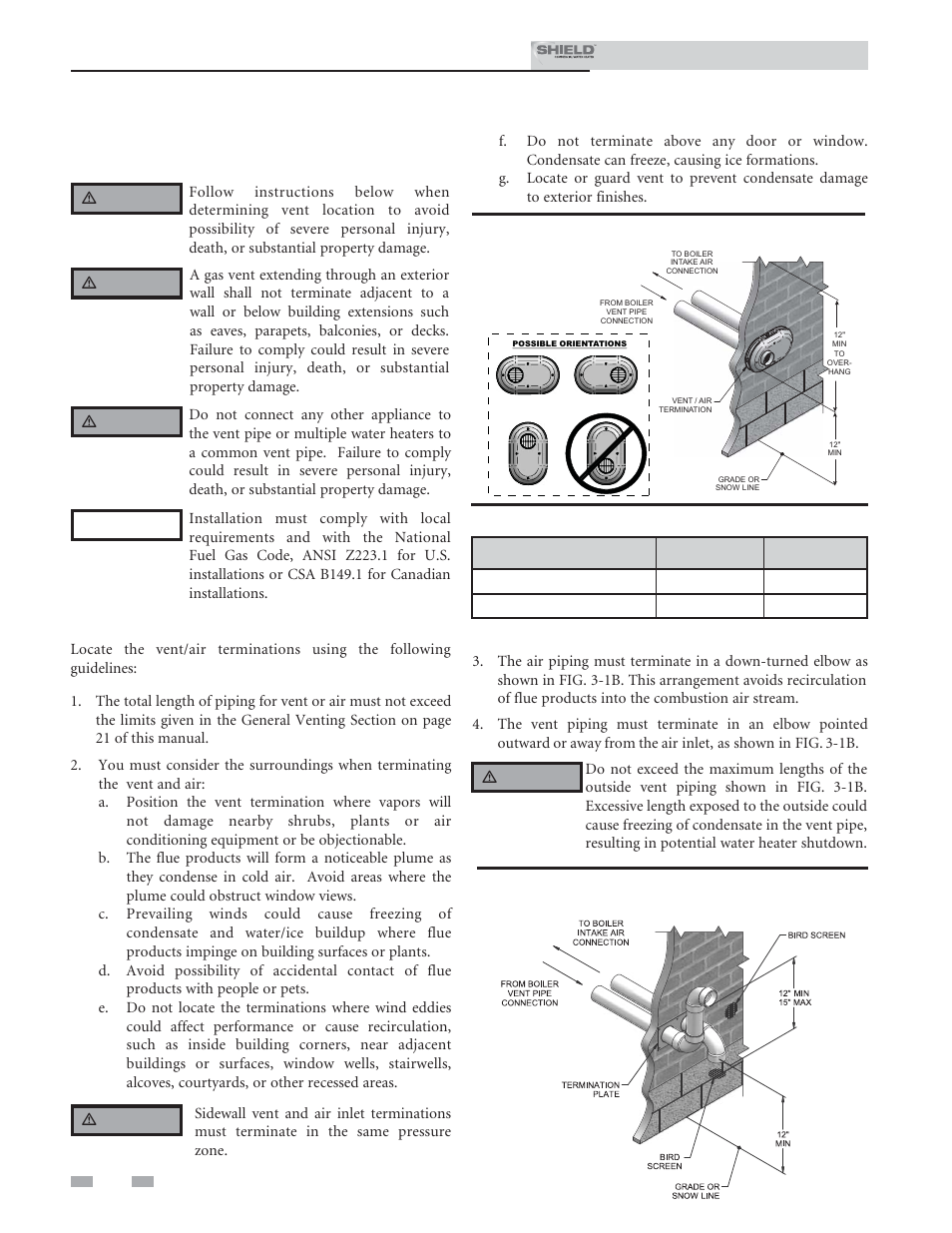 Sidewall direct, Venting, Vent/air termination – sidewall | Model kit number vent size | Lochinvar Shield SNR200-100 User Manual | Page 22 / 76