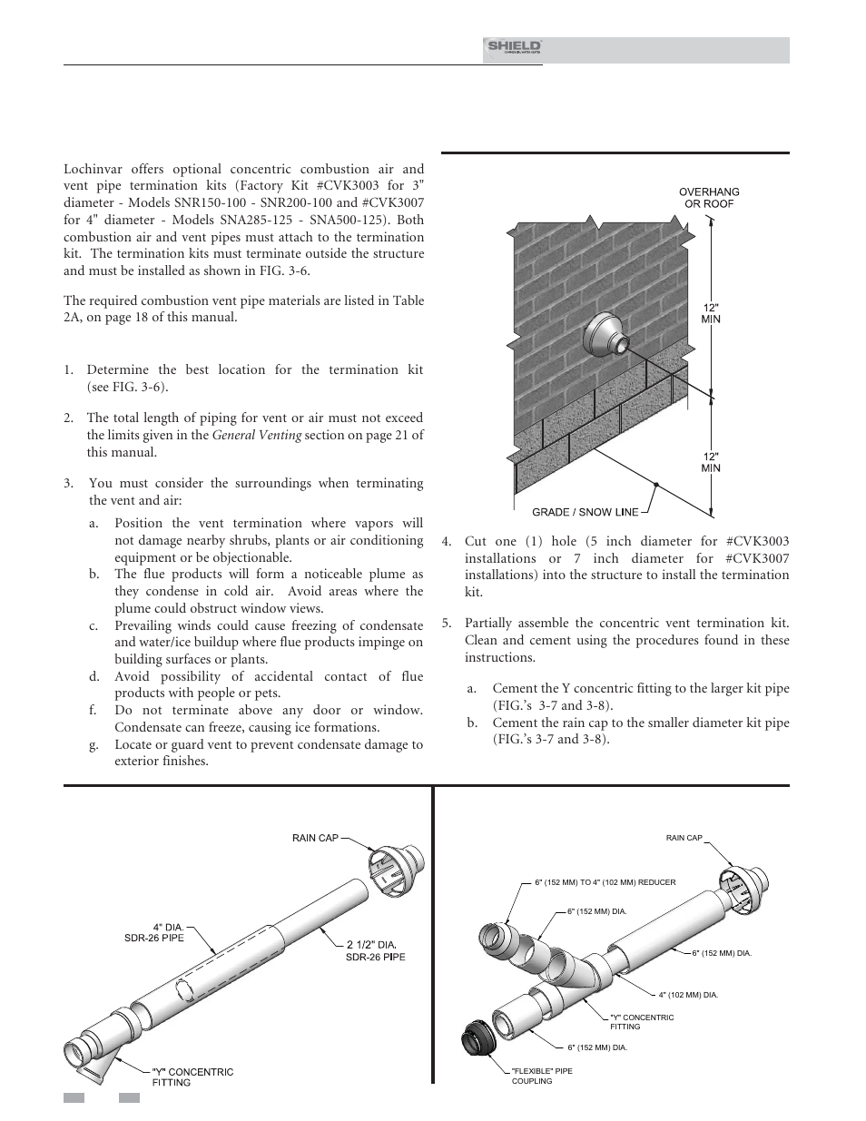 Sidewall direct venting, Sidewall termination – optional concentric vent | Lochinvar Shield SNR200-100 User Manual | Page 26 / 76