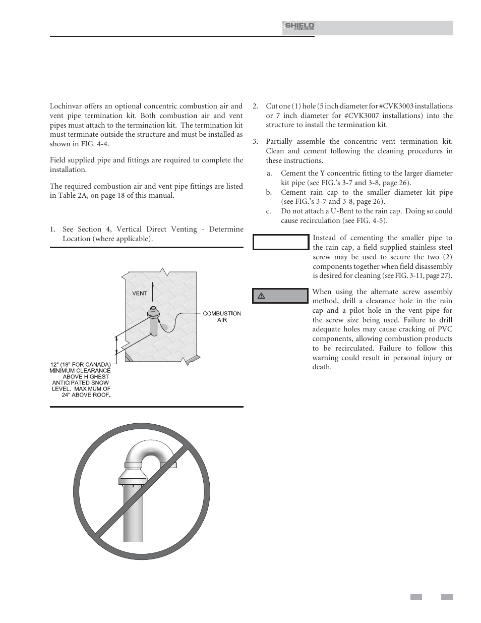 Vertical direct venting, Vertical termination – optional concentric vent | Lochinvar Shield SNR200-100 User Manual | Page 31 / 76