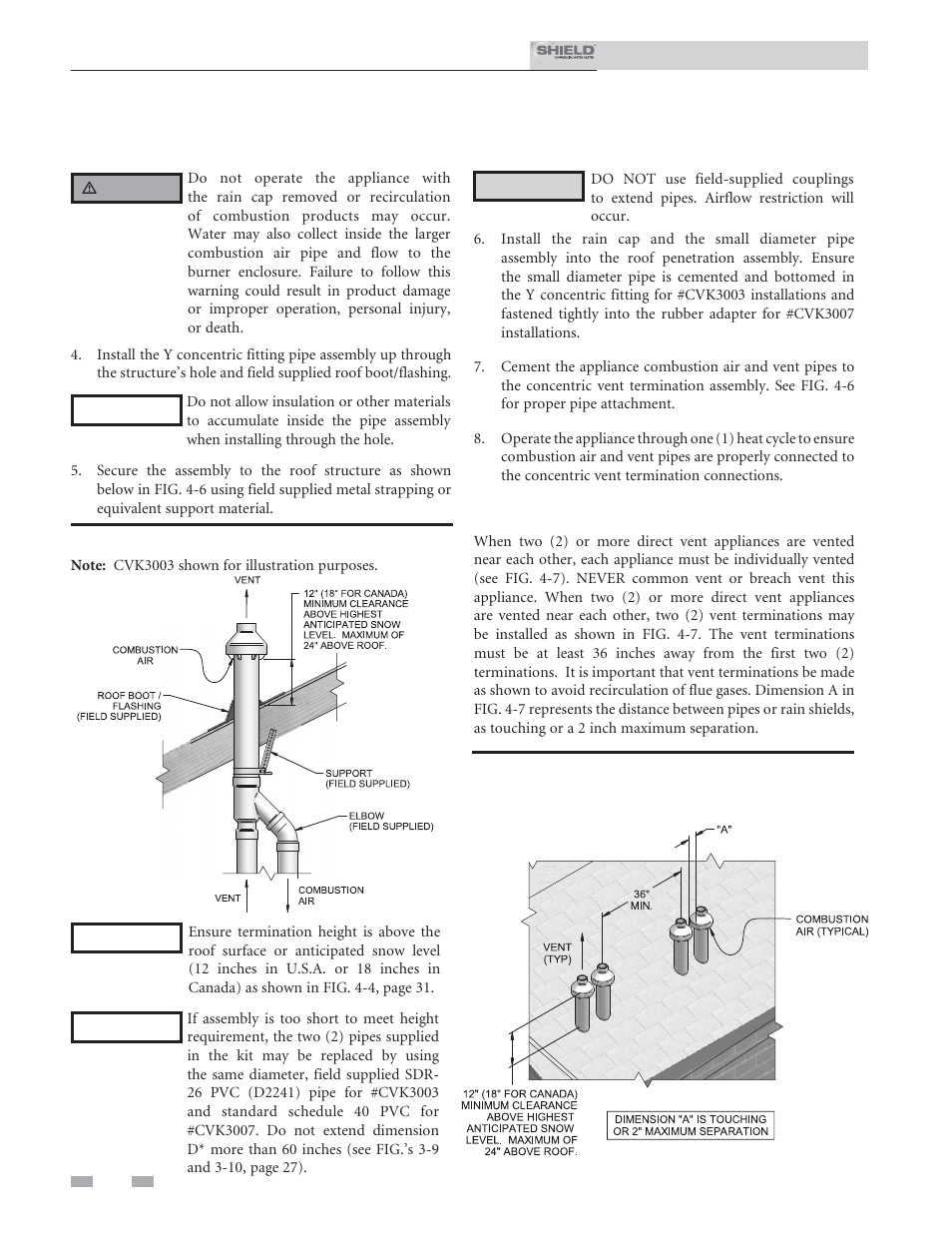 Vertical direct venting, Vertical termination – optional concentric vent | Lochinvar Shield SNR200-100 User Manual | Page 32 / 76