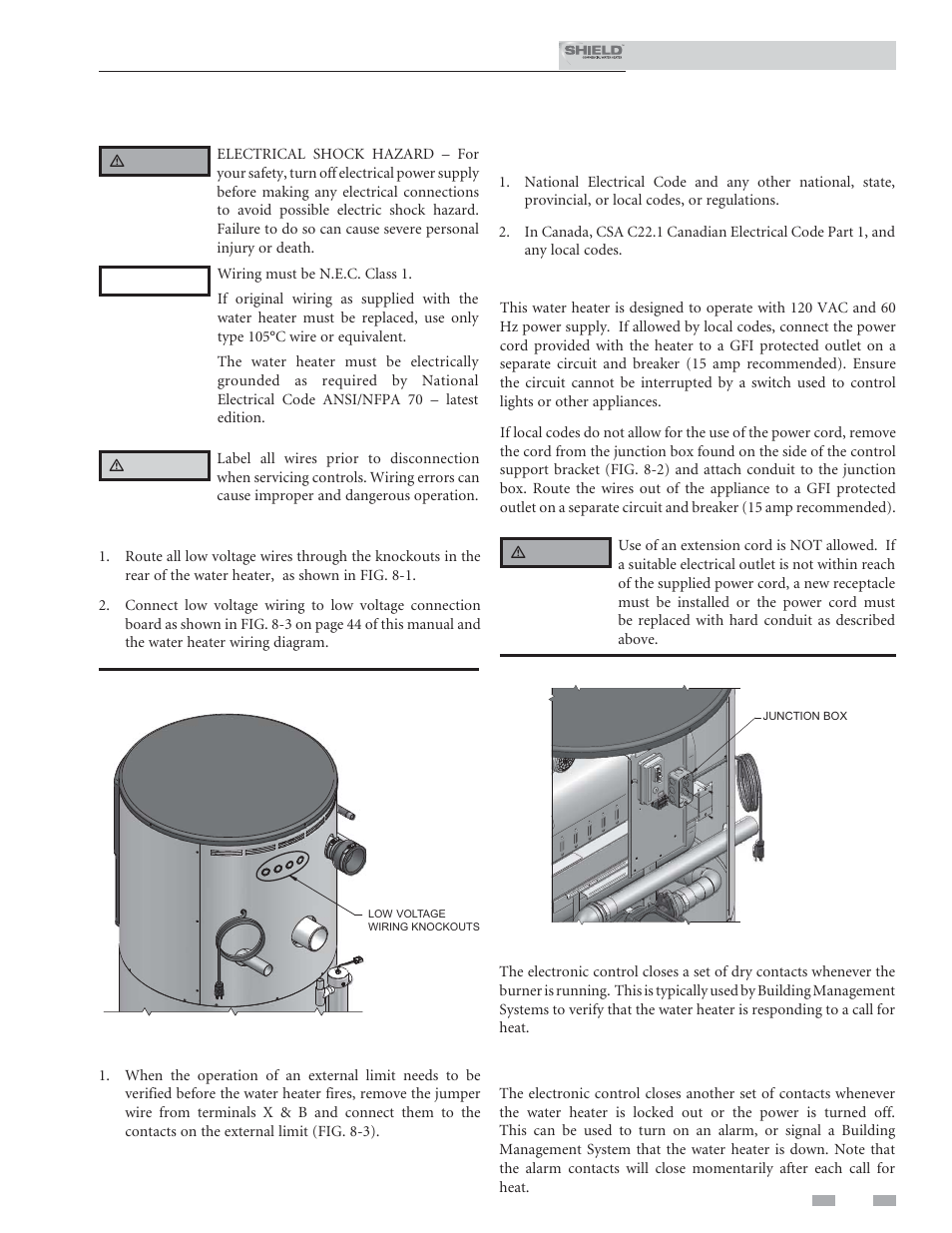 Field wiring, Installation must comply with, Power cord connection | Auxiliary device proving switch, Low voltage connections, Runtime contacts, Alarm contacts | Lochinvar Shield SNR200-100 User Manual | Page 43 / 76