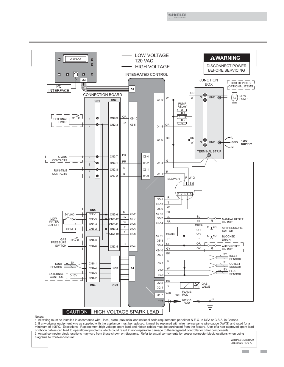 Diagrams, Warning, Installation & service manual | Caution high voltage spark lead, 120 vac low voltage high voltage, Figure 14-2 wiring diagram, Continued) | Lochinvar Shield SNR200-100 User Manual | Page 75 / 76
