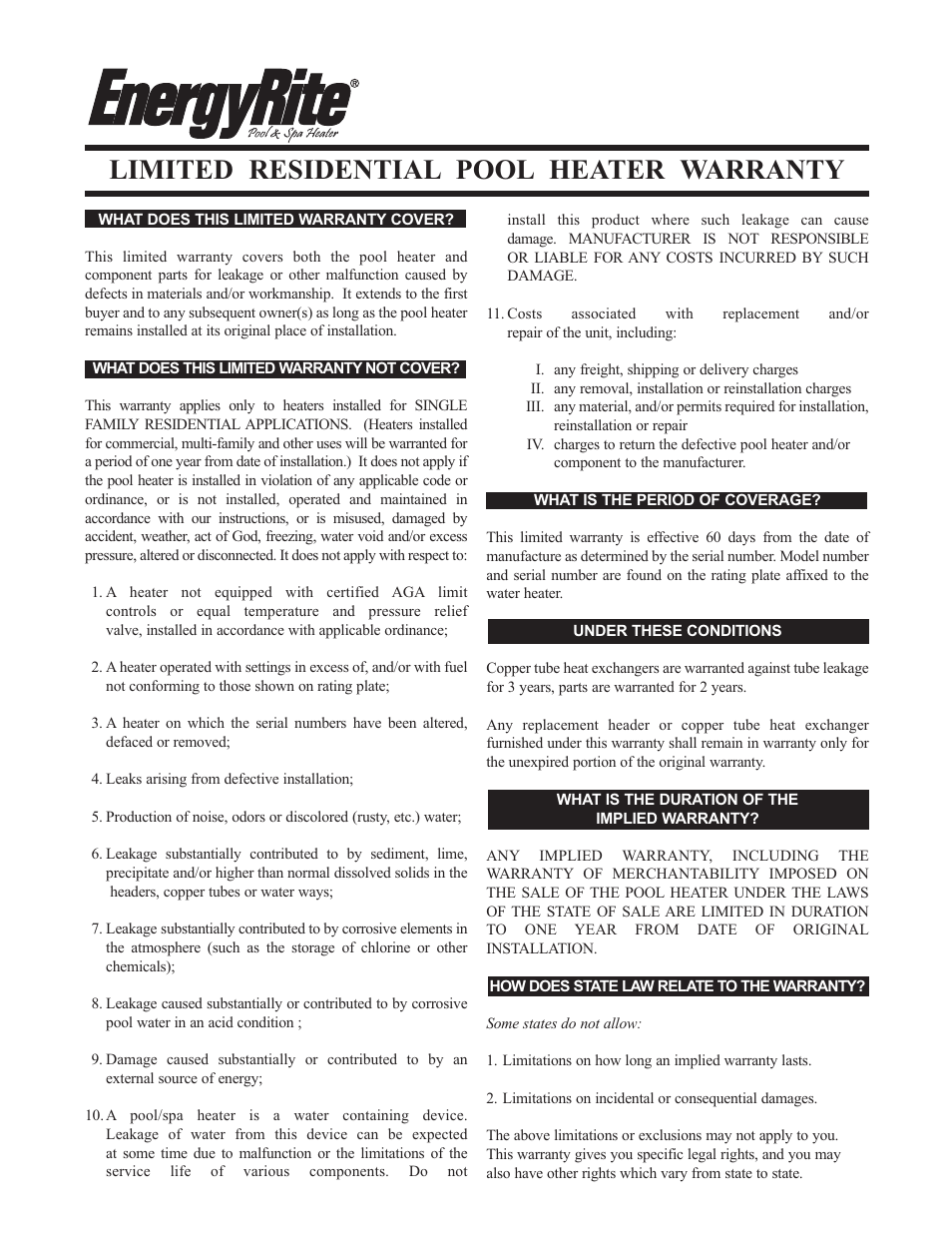 Lochinvar Residential Pool Heater User Manual | 2 pages