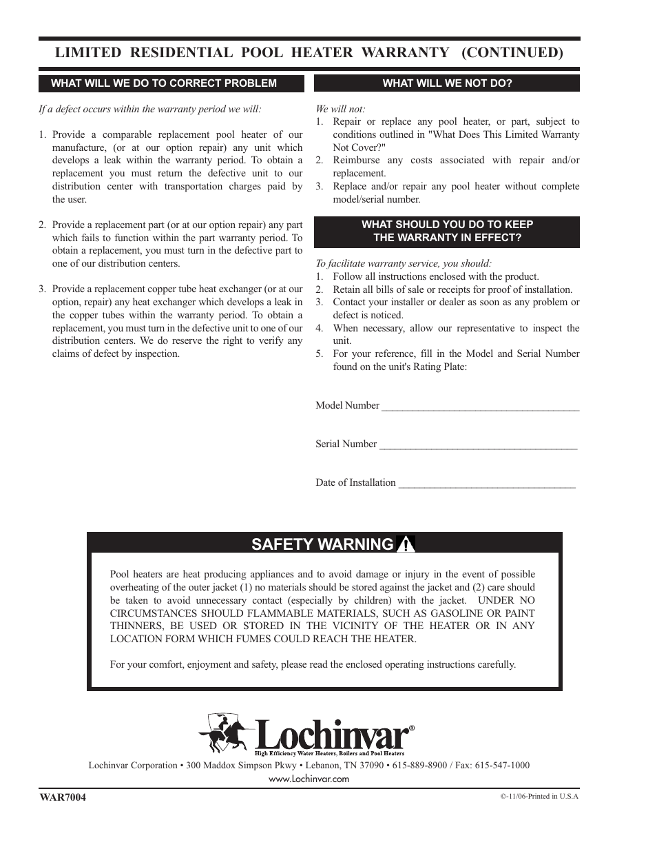 Safety warning | Lochinvar Residential Pool Heater User Manual | Page 2 / 2
