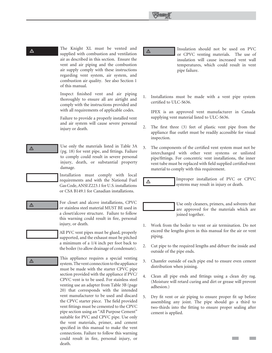 General, Venting, Install vent and combustion air piping | Requirements for installation in canada | Lochinvar KNIGHT XL 801 User Manual | Page 17 / 80