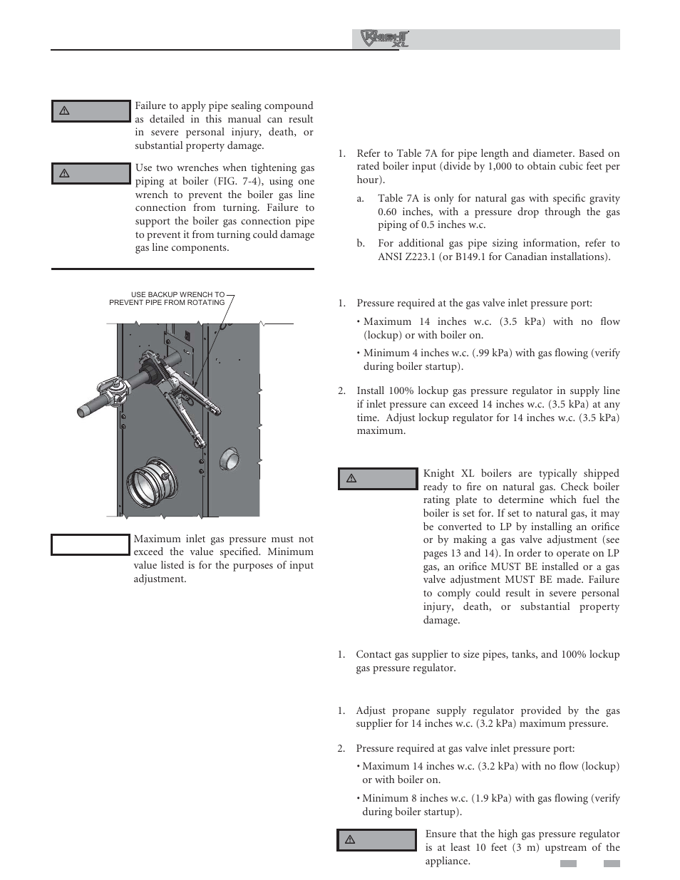 Gas connections, Natural gas, Propane gas | Lochinvar KNIGHT XL 801 User Manual | Page 47 / 80