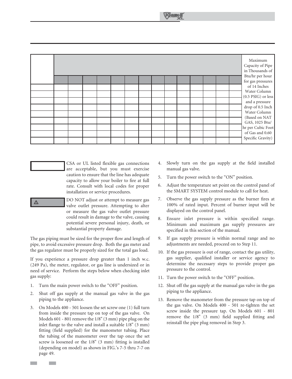 Gas connections, Check inlet gas supply | Lochinvar KNIGHT XL 801 User Manual | Page 48 / 80