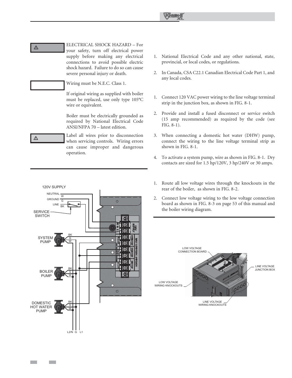 Field wiring, Installation must comply with, Line voltage connections | Low voltage connections, Installation & operation manual | Lochinvar KNIGHT XL 801 User Manual | Page 50 / 80