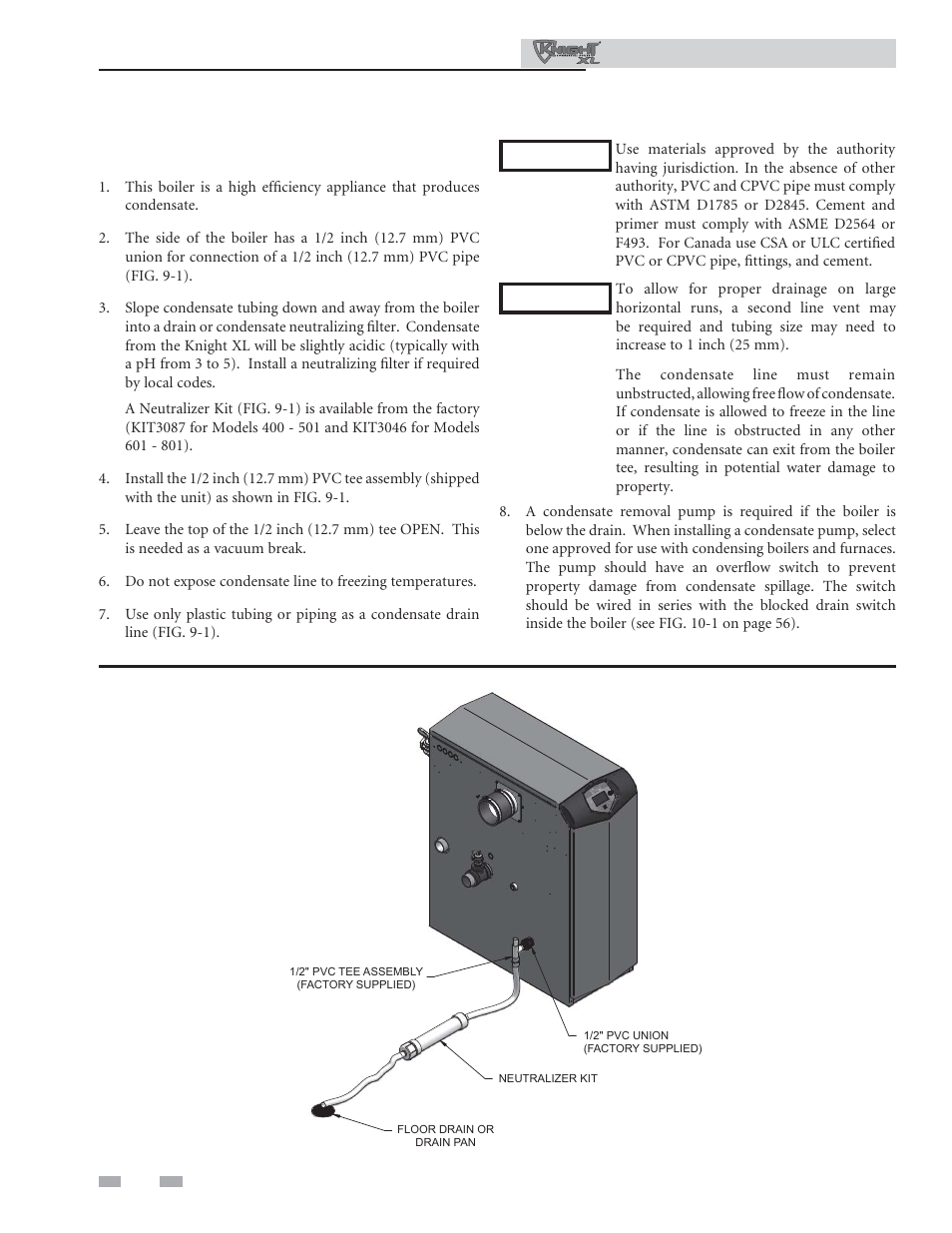 Condensate disposal, Condensate drain | Lochinvar KNIGHT XL 801 User Manual | Page 54 / 80