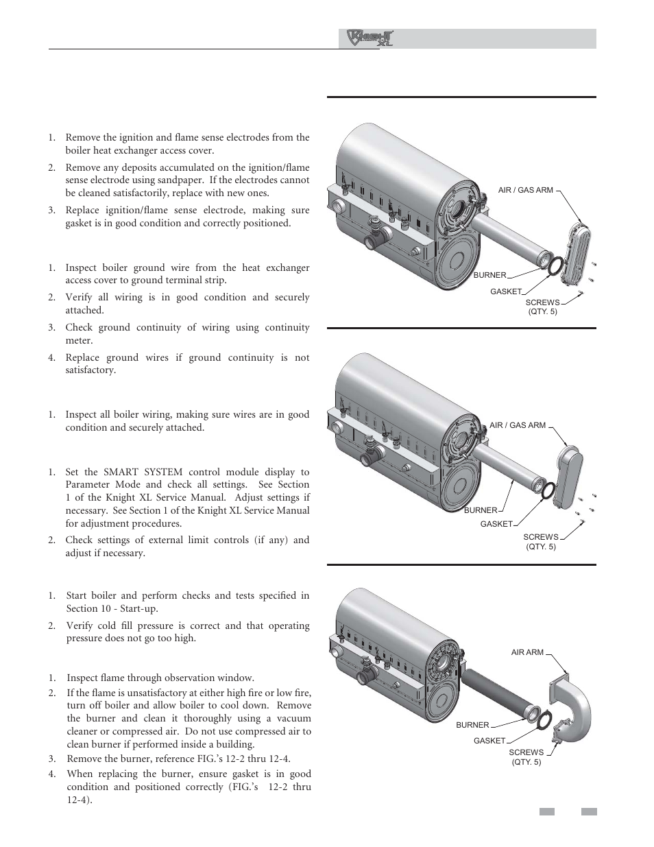 Maintenance, Inspect ignition and fl ame sense electrodes, Check ignition ground wiring | Check all boiler wiring, Check control settings, Perform start-up and checks, Check burner fl ame | Lochinvar KNIGHT XL 801 User Manual | Page 75 / 80