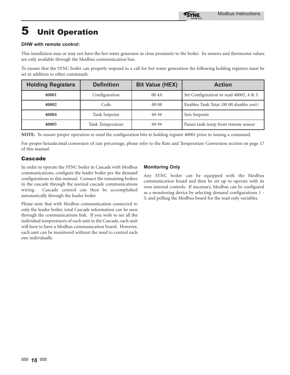 Unit operation | Lochinvar SYNC Modbus Communication 1.0- 1.3- 1.5 User Manual | Page 16 / 24
