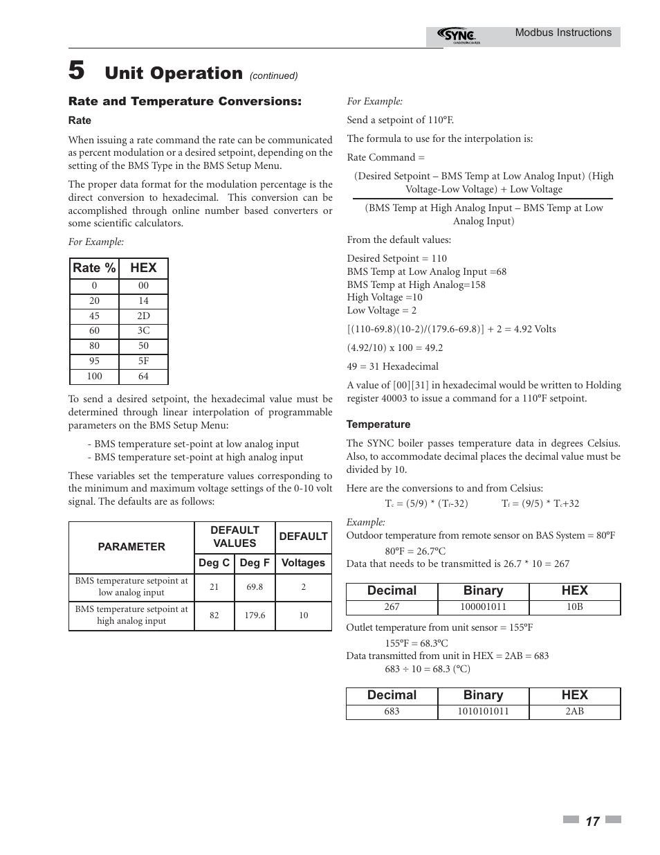 Unit operation | Lochinvar SYNC Modbus Communication 1.0- 1.3- 1.5 User Manual | Page 17 / 24