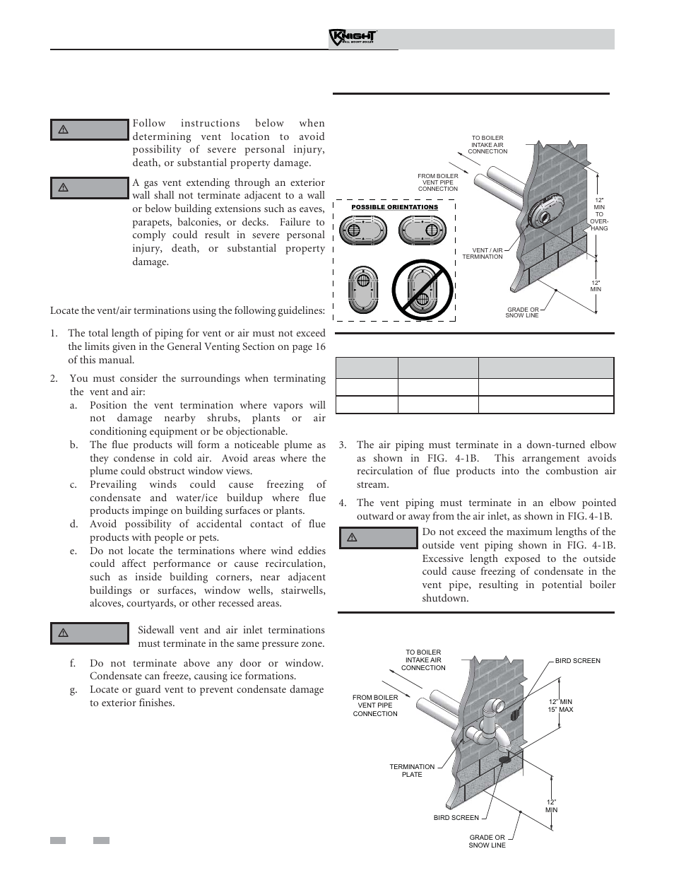 Sidewall direct, Venting, Vent/air termination – sidewall | Model kit number vent size | Lochinvar Knight Wall Mount Soiler 51-211 User Manual | Page 22 / 80