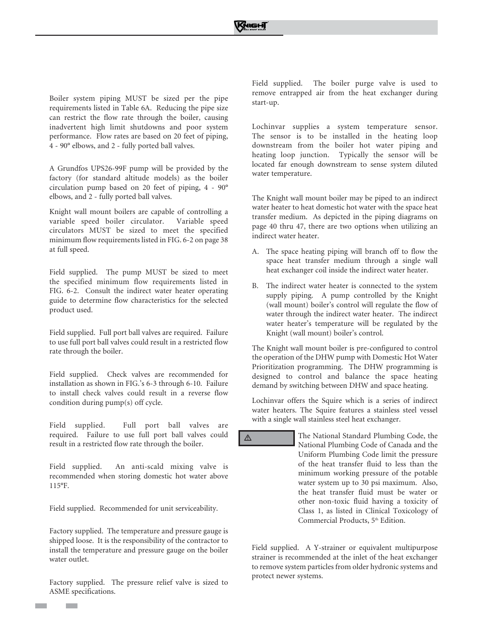 Hydronic piping | Lochinvar Knight Wall Mount Soiler 51-211 User Manual | Page 36 / 80