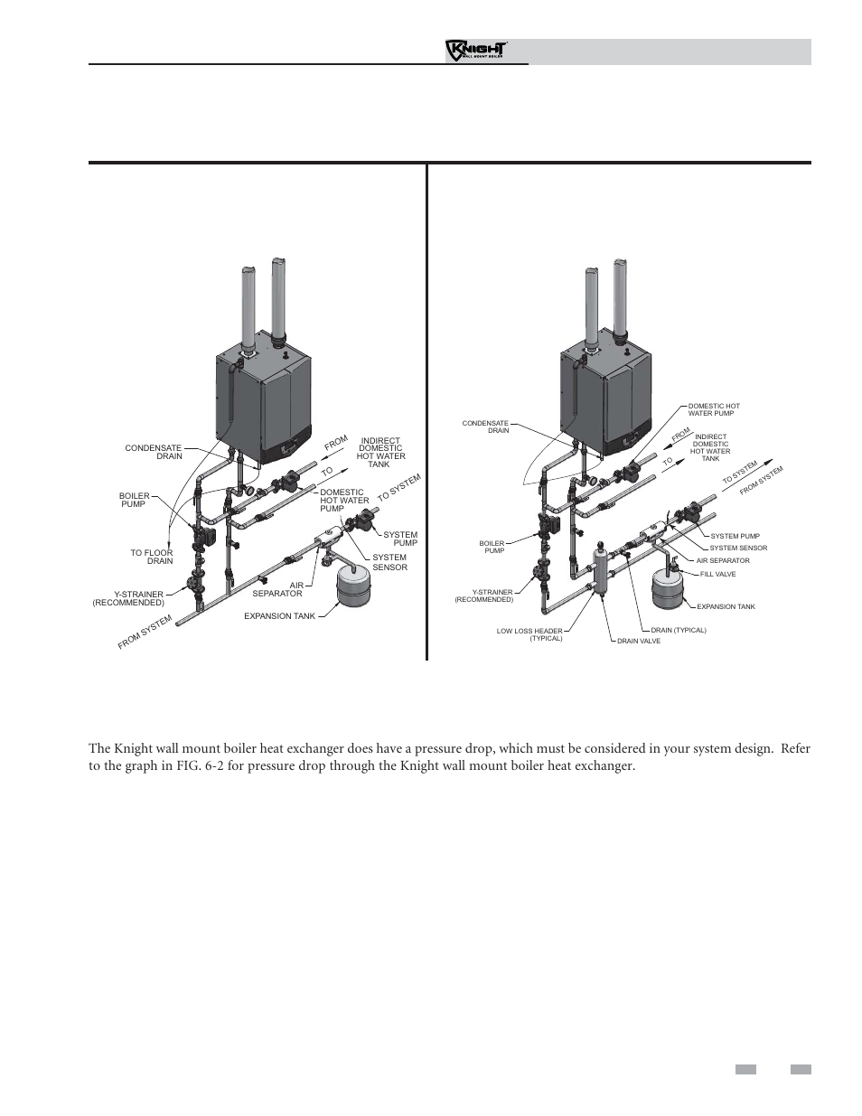 Hydronic piping, Near boiler piping connections, Installation & operation manual | Circulator sizing, Figure 6-1a near boiler piping w/y-strainer, Figure 6-1b near boiler piping w/low loss header, Continued) | Lochinvar Knight Wall Mount Soiler 51-211 User Manual | Page 37 / 80