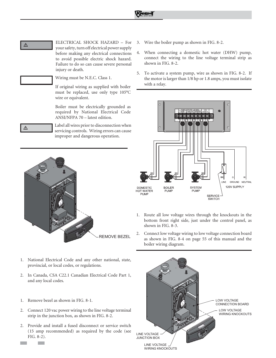 Field wiring, Installation must comply with, Low voltage connections | Line voltage connections | Lochinvar Knight Wall Mount Soiler 51-211 User Manual | Page 52 / 80